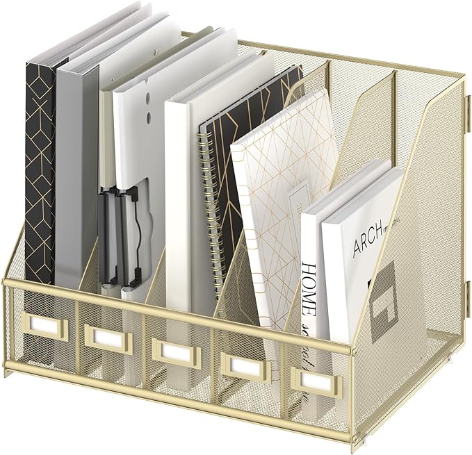 SUPEASY Desk Organizers Metal Desk Magazine File Holder with 5 Vertical Compartments Rack File Organizer for Office Desktop, Home Workspace, Golden Yellow-DeskLoop Office