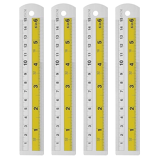 HARFINGTON 4pcs Metal Straight Ruler 15cm Metric SAE Aluminum Alloy Measuring Rulers Scale Tool with Hole for Measure Study Reading Classroom Office, Yellow-DeskLoop Office