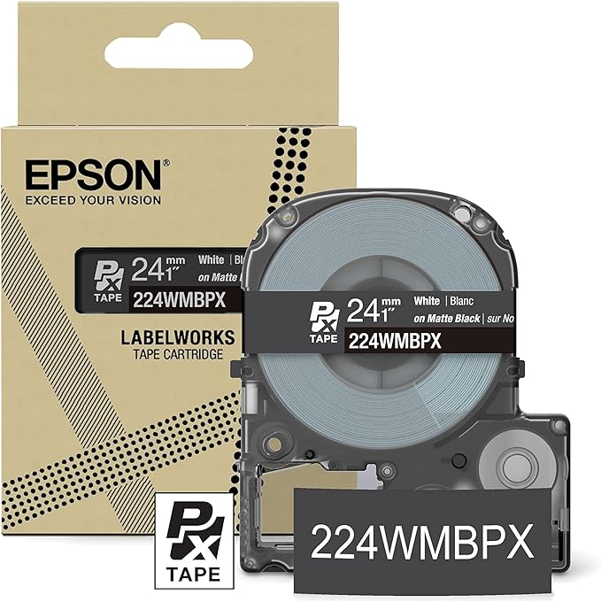 Epson LABELWORKS 224WMBPX Genuine PET (Polyester) Tape Cartridge - White on Matte Black Designer Craft Label Maker Tape - 1" (24MM) Wide, 26'-DeskLoop Office