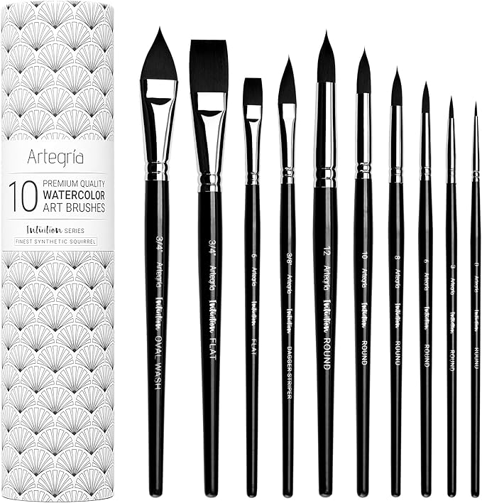 ARTEGRIA Watercolor Brush Set, 10 Professional Soft Synthetic Squirrel Paint Brushes, Including Pointed Rounds, Flats, Dagger, Oval Wash-DeskLoop Office