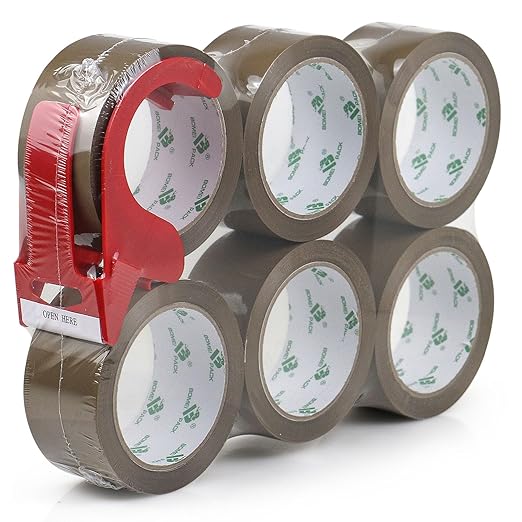 BOMEI PACK Brown Packing Tape with Dispenser, 2.6 Mil 1.88 Inch x 60 Yards, 6 Refills Rolls Moving Tape for Box Packaging, Shipping and Storage-DeskLoop Office