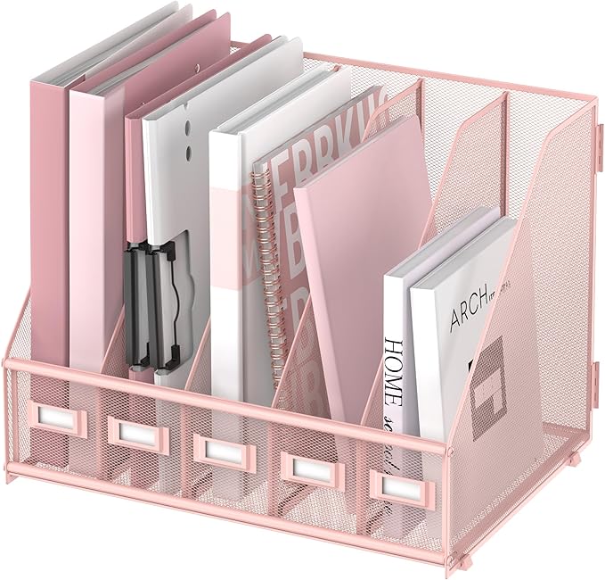 SUPEASY Desk Organizers Metal Desk Magazine File Holder with 5 Vertical Compartments Rack File Organizer for Office Desktop, Home Workspace, Pink-DeskLoop Office