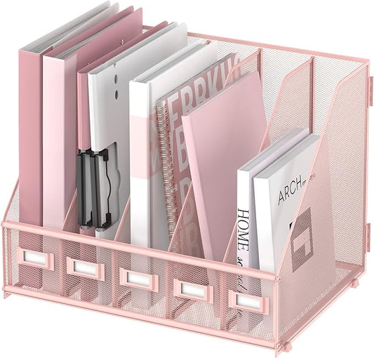 SUPEASY Desk Organizers Metal Desk Magazine File Holder with 5 Vertical Compartments Rack File Organizer for Office Desktop, Home Workspace, Pink-DeskLoop Office