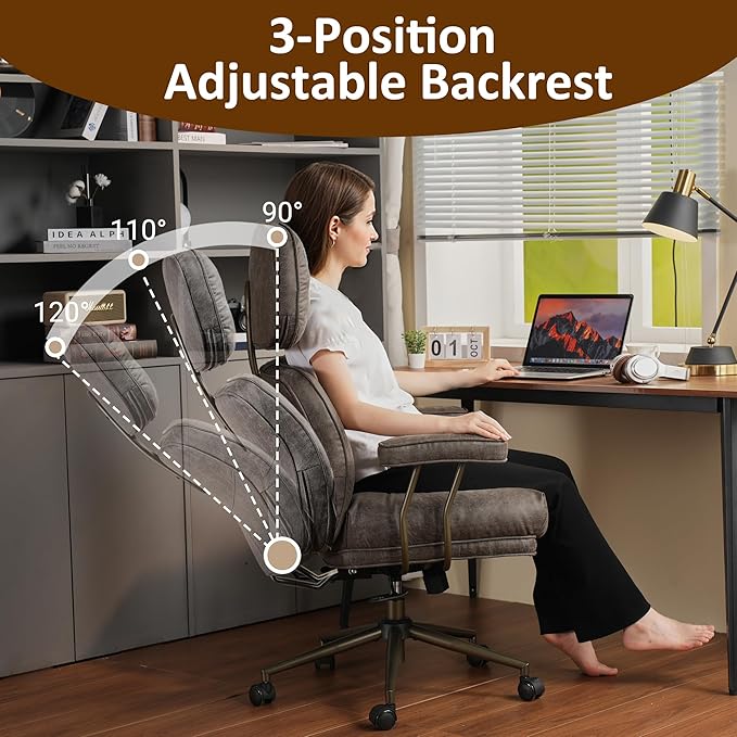 Faux Leather Executive Office Chair - Big and Tall Ergonomic Home Office Chair,Reclining Computer Desk Chairs with Lumbar Support,Adjustable Task Swivel Rolling PC with Wheels,Grey,Suede-DeskLoop Office
