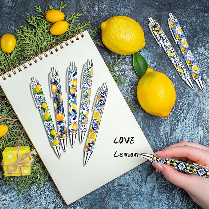 Capri Lemon Pens Set – Mediterranean-Inspired Ballpoint Pens for Girls, Students, and Stationery Lovers – Smooth Writing Pens for School, Journaling, or Gifts – Bright and Elegant Design, 8 Pack-DeskLoop Office