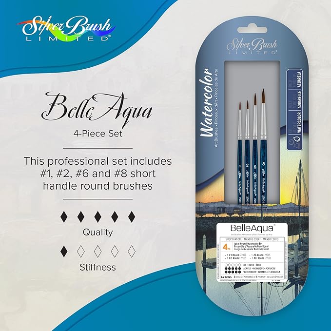 Silver Brush Limited BA-2702S BelleAqua Ideal Watercolor Brush Set, 4pc Professional Premium Soft Synthetic Sable Round Paint Brushes, Sizes 1, 2, 6, and 8-DeskLoop Office