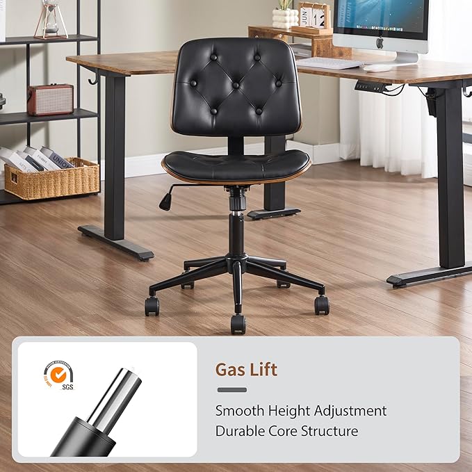 Small Home Office Chair - Armless Mid Back Desk Chair with 360° Swivel and Wheels, PU Upholstered Height Adjustable Modern Walnut Computer Chair for Home, Office Meeting Room - Black-DeskLoop Office