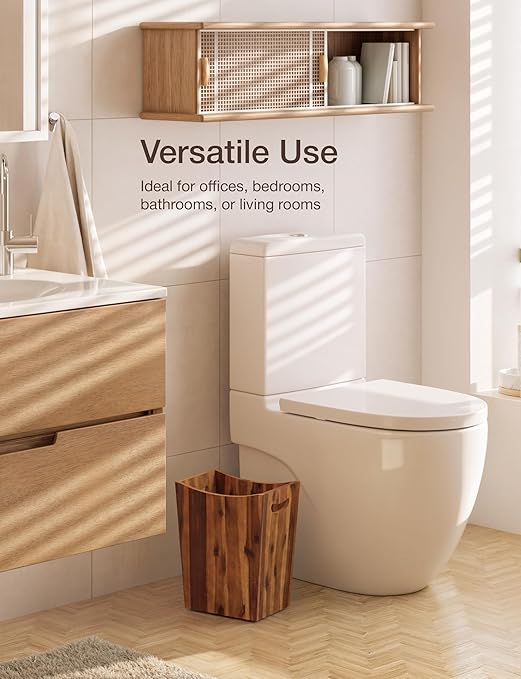 2 Gallons Rectangular Wastebaskets - Acacia Wood Waste Basket with Handles - Small Trash Can for Bathroom - Brown Garbage Bin for Spa Bathroom Decorative, Kitchen Counter, Living Room (Walnut)-DeskLoop Office