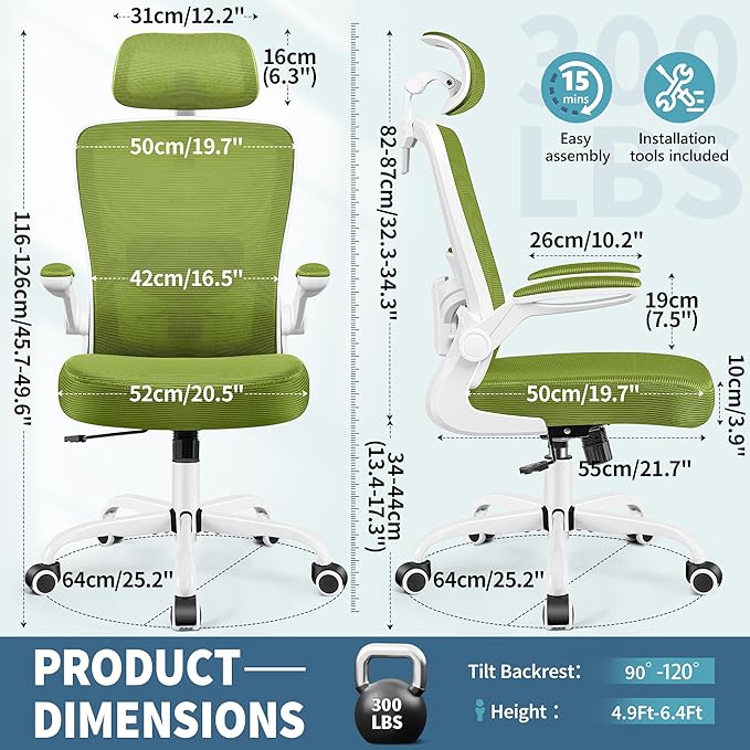 FelixKing Ergonomic Office Chair, Adjustable Lumbar Support, Swivel Chair with HighBack and Armrest, Adjustable Height Gaming Chair, Avocado Green-DeskLoop Office