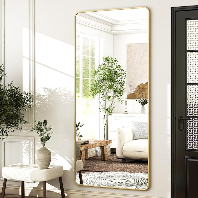HARRITPURE 71x32 inch Rounded Full Length Mirror Aluminum Frame Gold Mirror Full Length Floor Mirror with Stand for Living Room Bedroom Cloakroom-DeskLoop Office