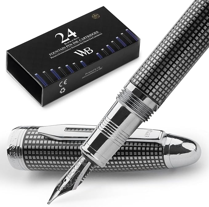Wordsworth & Black Majesti Fountain Pen-(Black Checked), Luxury Case, Stainless Steel; Medium Nib- Ink Cartridges, Refillable Ink Converter-Calligraphy Pen-Best Business Gift Set for Men & Women-DeskLoop Office