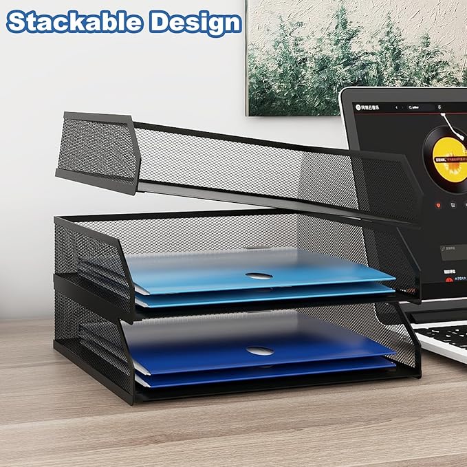 Natwind 3-Tier Stackable Paper Tray, Metal Mesh Desktop Organizer, A4 Desk Organizer, Stackable Letter Trays, File Folder Sorter Organizer with Sliding Tray for Home, Office, School (Black)-DeskLoop Office