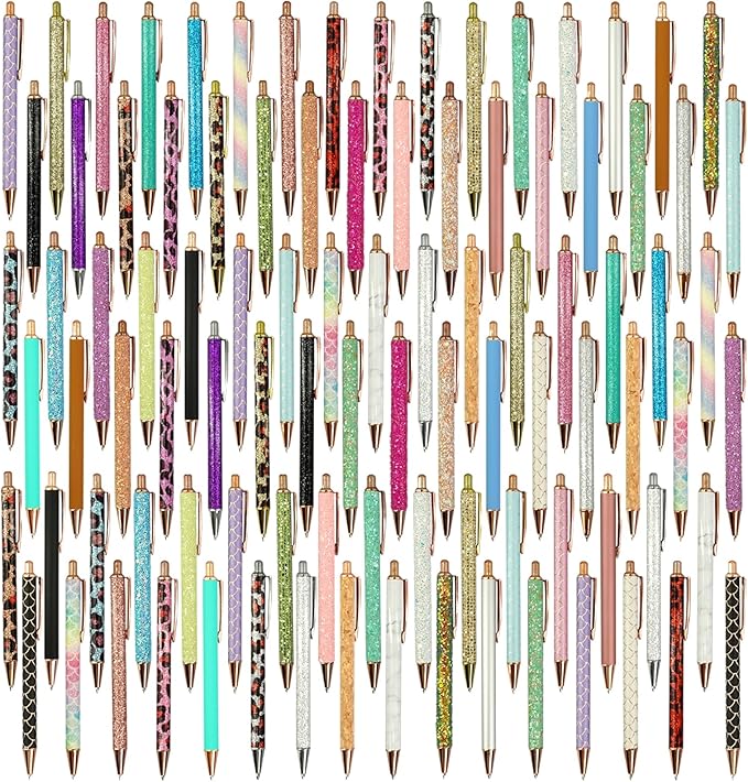 100 Pcs Fancy Pens Bulk Pretty Cute Glitter Ballpoint Sparkly Metal Pens Black Journaling Ink Pen Medium Point 1.0 mm for Women Nurse Teacher School Office Graduation Gift-DeskLoop Office