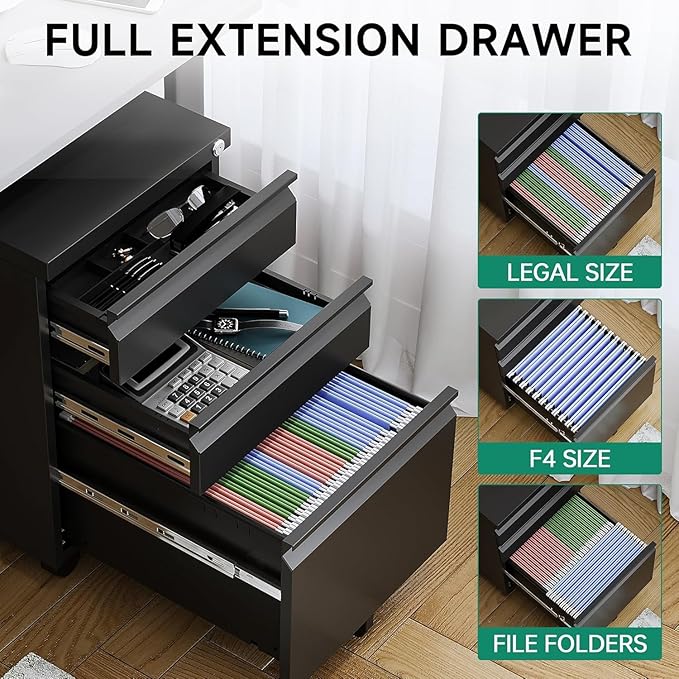 Letaya 3 Drawer Mobile File Cabinet with Lock, Under Desk Metal Rolling Filing Cabinets for Home Office Organizer Letters/Legal/A4 (Black- Requires Installation) (Black)-DeskLoop Office