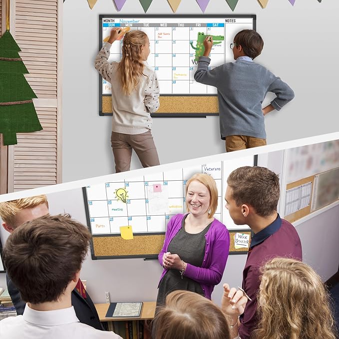 XBoard Dry Erase Calendar Whiteboard 36 X 24 - Combo White Board Calendar Monthly, Magnetic White Board + Corkboard with Black Aluminum Frame, 10 Colorful Push Pins & Marker Tray Included-DeskLoop Office