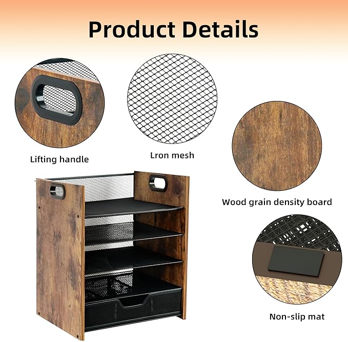 Wood Desk Organizer - 5-Tier Desktop File Organizer with Drawer, Wooden Paper Tray, Office Desk Organzier and Accessories for Papers, Mail, Notebooks, Stationery-DeskLoop Office