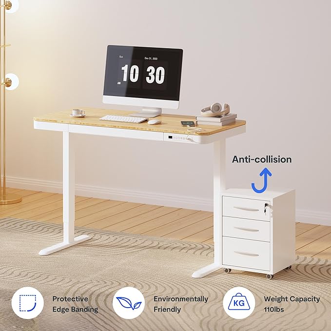 FLEXISPOT Comhar Electric Standing Desk with Drawer Desktop & Adjustable Frame w/USB Charge Ports (Bamboo Texture/White, Wood)-DeskLoop Office