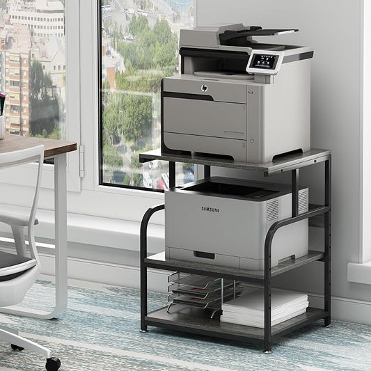 Large Printer Stand Table 23.6 x18.9 x 30 Inches with Height Adjustable Storage Shelf, 3 Tier Rolling Printer Cart with Wheels for Home Office, Gray-DeskLoop Office