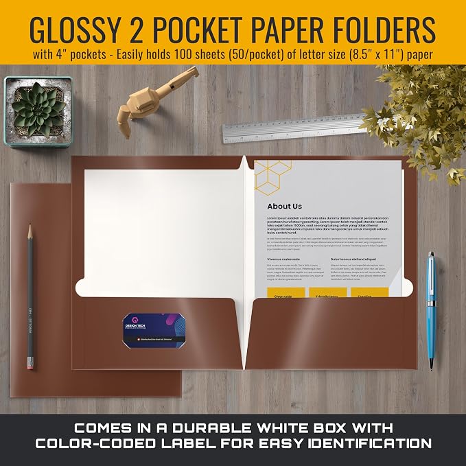 Better Office Products 2 Pocket Glossy Laminated Brown Paper Folders, Box of 25 - Image 5