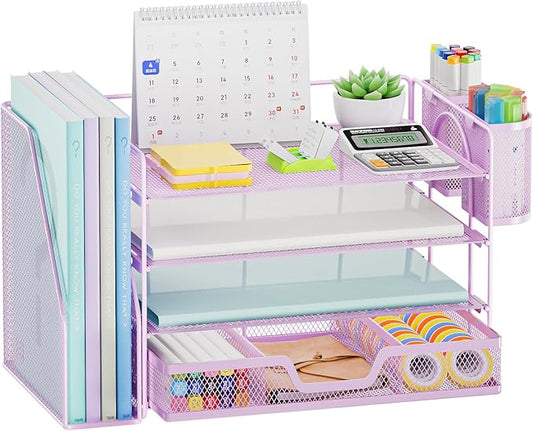 Marbrasse Desk Organizer and Accessories,4-Tier Paper Letter Tray Organizer with File Holder, Workspace Desk Organizers Accessories with Drawer and 2 Pen Holder (Purple, 15.4" x 9.1" x 8.3")-DeskLoop Office