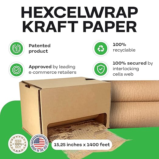 IDL Packaging Original HexcelWrap Honeycomb Packing Kraft Paper 15.25" x 1400' Roll in Self-Dispensed Box, Brown - The First Patented Interlocking Slit Paper Design for Shipping-DeskLoop Office