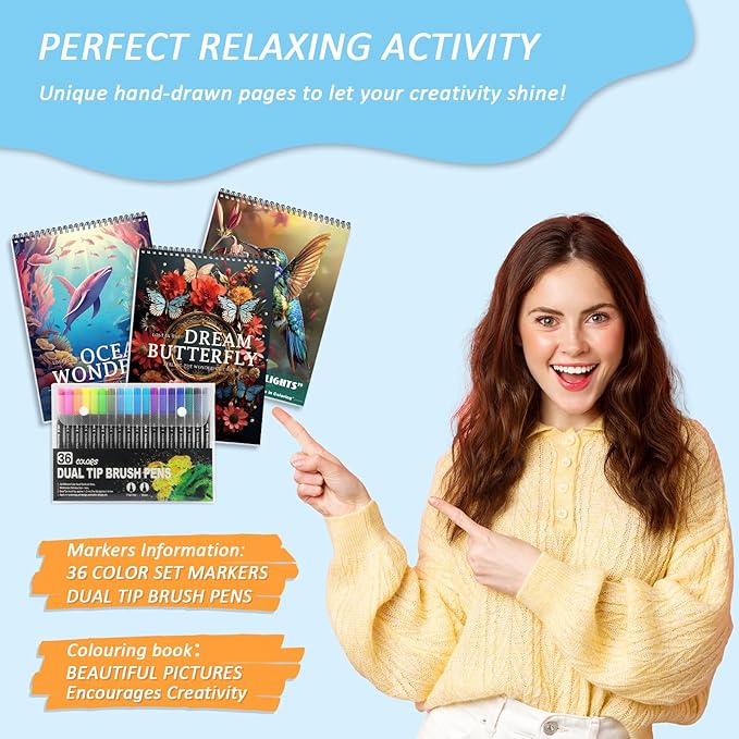 3Pcs Adult Coloring Book for Women Relaxation, 36 Colors Markers with Spiral Bound Adult Coloring Book for Women, 36 Dual Tip Colors Markers, Anxiety Relief Mindfulness Gifts(Ocean & Bird & Butterfly)-DeskLoop Office