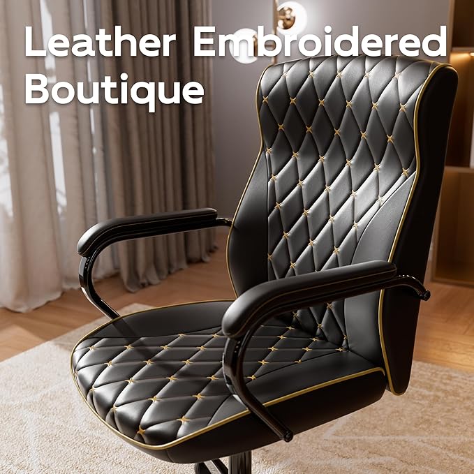 Black Office Chair with Soft Leather Embroidery, Mid Back Vintage Swivel Executive Desk Chair with Wheels and Padded Arms, Adjustable Height-DeskLoop Office