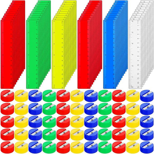 100 Pcs Plastic Rulers and 100 Pcs Mini Round Manual Pencil Sharpener Bulk, 4 Assorted Colors Pocket Sized Pencil Sharpeners Colorful Straight Ruler Back to School Supplies for Kids (Classic,6 Inch)-DeskLoop Office
