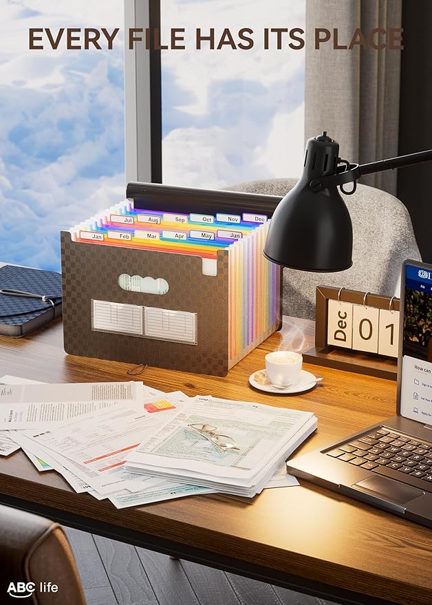 ABC life Accordian File Organizer 12 Pockets,Expanding File Folder/Portable A4 Letter Size Filling Box, Expandable Desktop Accordion Folder, Plastic Paper Document Coupon Organizer with Colored Labels-DeskLoop Office