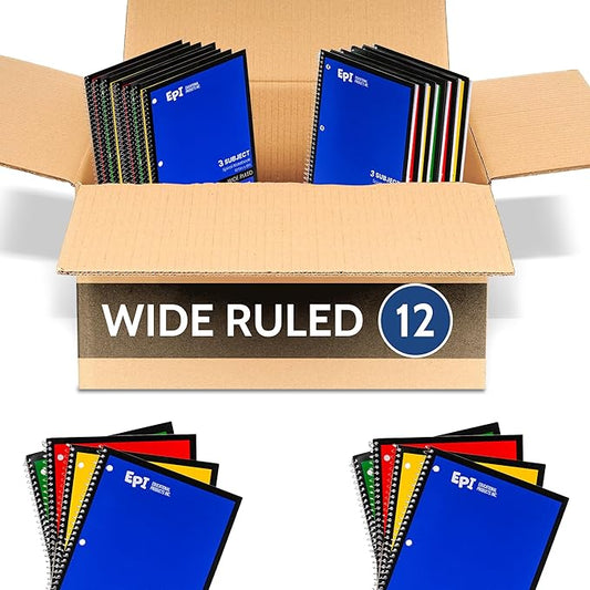 EPI Spiral Notebook | 3 Subject - Wide Ruled - 120 Sheets, Durable Spiral Binding | 10.5 x 8 in | Classroom Supplies | School, Office, Note Taking, Journaling - 12 Pack-DeskLoop Office