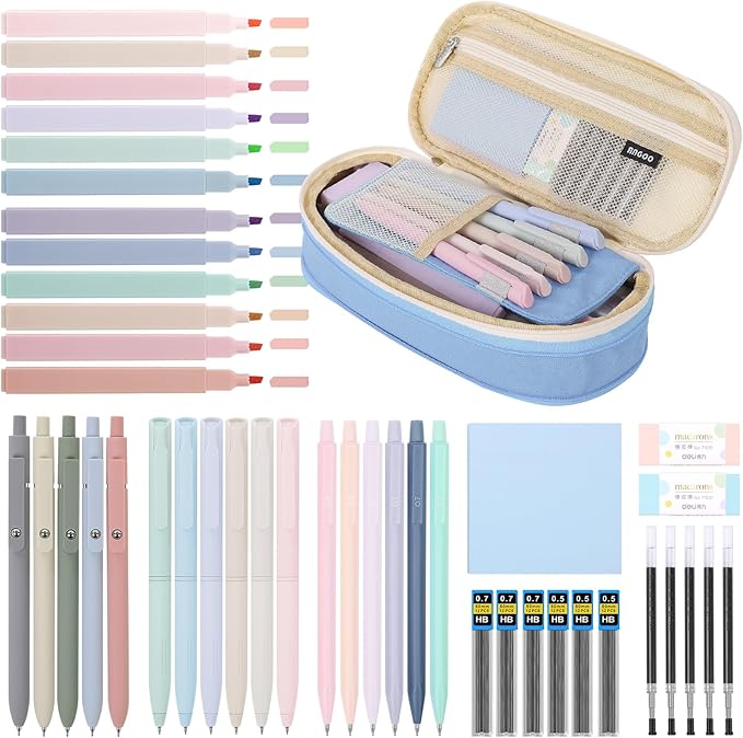 SKYDUE Cute School Supplies 44 PCS, Aesthetic Pencil Case with 12 Pastel Highlighters, 5 Black Gel Pens, 6 Color Gel Pens & Mechanical Pencils, College Essentials Students Stationary Set Blue-DeskLoop Office