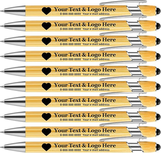 Personalized Pen Bamboo Pen with Stylus -Customizable Text Logo Name Ballpoint Pens with Black Ink-Personalized Gift Ideas for Office School Business Home(10 Count/Pack)-DeskLoop Office