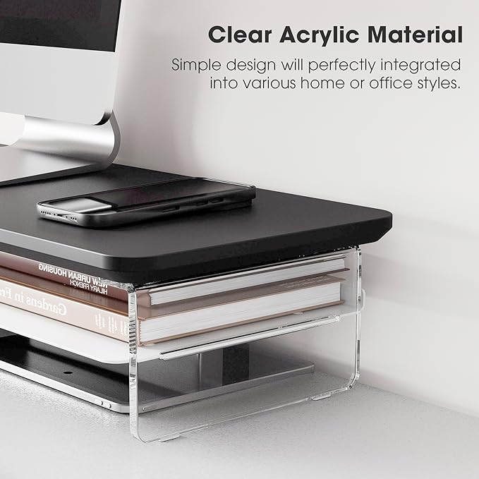 Fenge Acrylic Monitor Stand Riser, 42.5 Inches Dual Monitor Stand with Metal Storage, 2 Tier Acrylic Computer Riser for Desk, Clear Laptop Stand for PC, Laptop, Printer, TV, Black-DeskLoop Office