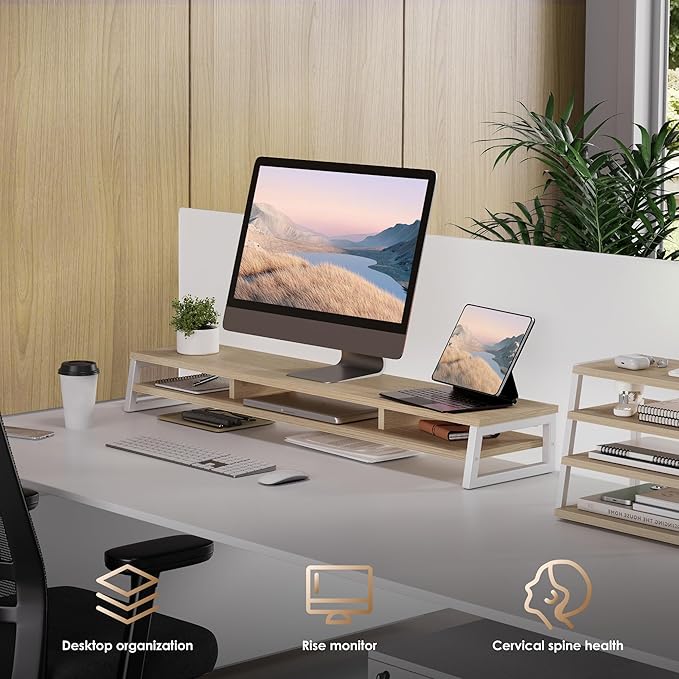 Fenge Dual Monitor Stand for Desk, 42.5in Large Monitor Riser for 2 Monitors, 2 Tier Computer Office Desk Top Shelf, Desktop Storage Stand for Laptop, PC, Computer, Printer-DeskLoop Office