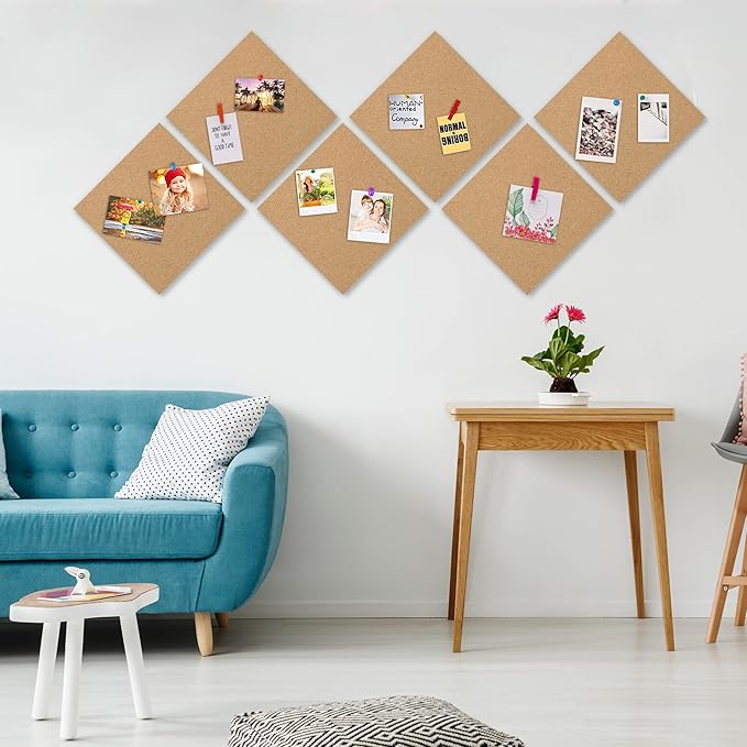 AKTOP Cork Board Bulletin Board 12x12, 1/2" Thick Cork Board Tiles 6 Pack, Small Square Pin Board for Wall, Self Adhesive Corkboards with 60 Push Pin Wood Clips for School, Home & Office-DeskLoop Office