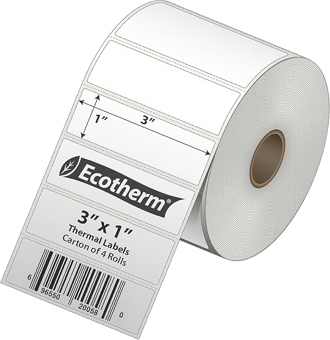 3" x 1" Thermal Labels | 4 Rolls | 5240 Labels | fits Zebra, Munbyn, Rollo, Godex, Arkscan, iDPRT, Offnova Thermal Label Printers and More | Blank White Adhesive Stickers by Ecotherm-DeskLoop Office