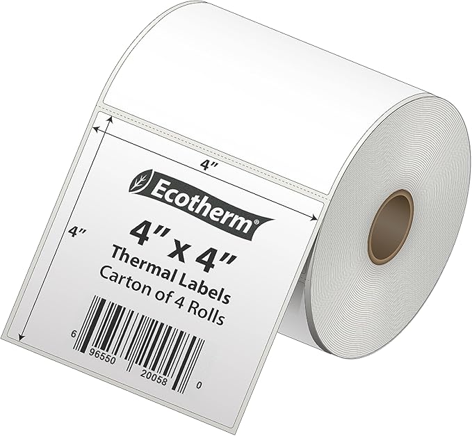 4" x 4" Thermal Labels | 4 Rolls | 1508 Labels | fits Zebra, Munbyn, Rollo, Godex, Arkscan, iDPRT, Offnova Thermal Label Printers and More | Blank White Adhesive Stickers by Ecotherm-DeskLoop Office