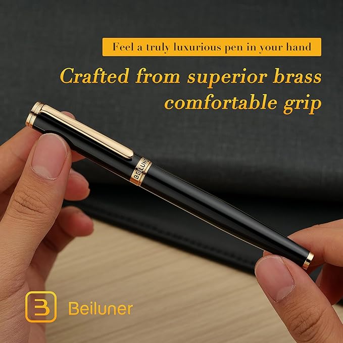 BEILUNER Black Fountain Pen,Stunning Luxury Piano Lacquer,24K Gilded Nib(Fine),Gorgeous 24K Gold Finish, Ink Converter,Trustworthy Gift for Men&Women-Elegant, Reliable,Executive,Nice Pens for Writing-DeskLoop Office