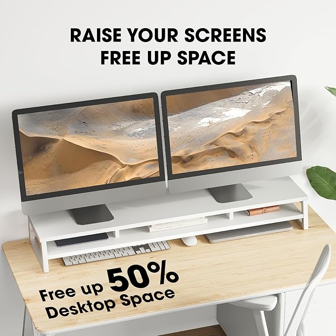 Fenge Dual Monitor Stand for Desk, 42.5in Large Monitor Riser for 2 Monitors, 2 Tier Computer Office Desk Top Shelf, Desktop Storage Stand for Laptop, PC, Computer, Printer-DeskLoop Office