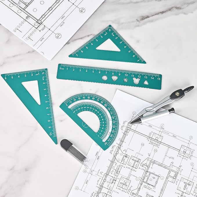 6 Pcs Metal Geometry Set, Math Geometry Kit, Metal Ruler Set and Compass Geometry Tool, Rulers Protractor and Compass Set for Student School and Drawings Supplies (Green)-DeskLoop Office