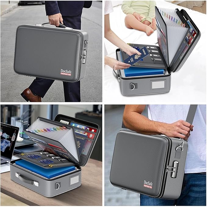 DocSafe Fireproof Document Box with Lock&Shoulder Strap,Hard Case File Organizer with Accordion File Folder,Multi-Layer Portable Home Office Travel Safe Storage for Important Documents Laptop Gray-DeskLoop Office