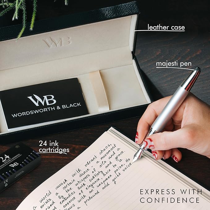 Wordsworth & Black Majesti Fountain Pen-(Silver), Luxury Case, 24K Gold Finish; 18K Gilded Medium Nib- Ink Cartridges, Refillable Ink Converter-Calligraphy Pen-Best Business Gift Set for Men & Women-DeskLoop Office