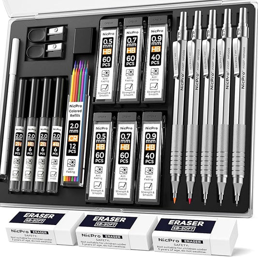Nicpro 22PCS Metal Mechanical Pencil Set in Case, Art Drafting Pencil 0.5, 0.7, 0.9 mm & 2 PCS 2mm Mechanical Drawing Pencils with 396PCS Leads (4B 2B HB 2H Colored) for Drawing Writing Sketching-DeskLoop Office