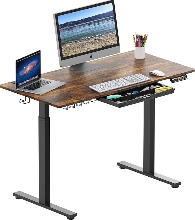 SHW 48-Inch Electric Height Adjustable Standing Desk with Drawer, Memory Preset and Cable Management Tray, Rustic Brown-DeskLoop Office
