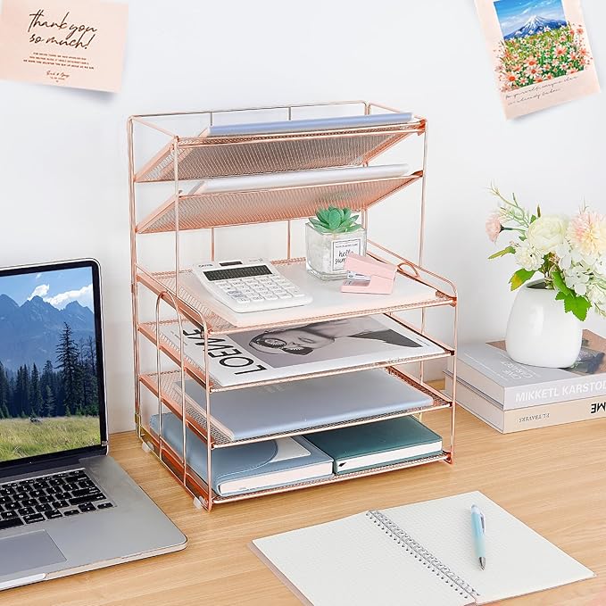 Desk Organizers and Accessories, 6-Tier Letter Tray Paper Organizer, Desktop File Organizer, Office Desk Accessories for Office Supplies (Rose Gold)-DeskLoop Office