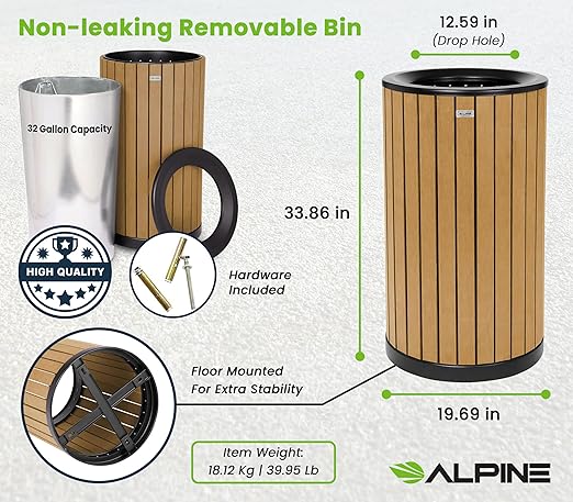 Alpine 32 Gallon Commercial Outdoor Trash Can - Heavy Duty Garbage Can Outdoor, Industrial Open Top Trash Can with Plastic Panels for Patio, Parks, Trails, Resorts (Flat Lid - Cedar)-DeskLoop Office