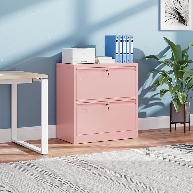 2 Drawer Lateral File Cabinet, Metal Wide Filing Cabinet with Independent Locks, Home Office Furniture for Hanging Files Letter/Legal/F4/A4 Size, Assembly Required, Pink-DeskLoop Office
