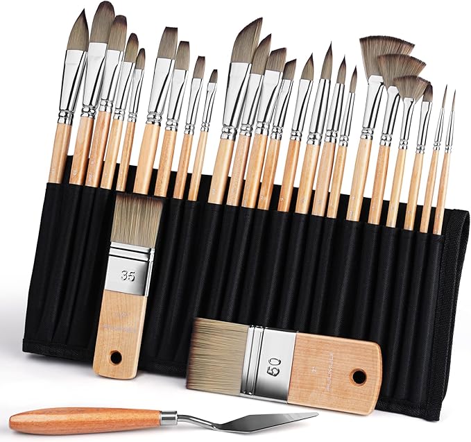 Fuumuui 26pcs Paint Brushes, Professional Acrylic Paint Brush Set Artists Complete Range of Sizes with Upgraded Short Handle Wide Flat & Palette Knife for Acrylic, Oil, Watercolor, Gouache-DeskLoop Office