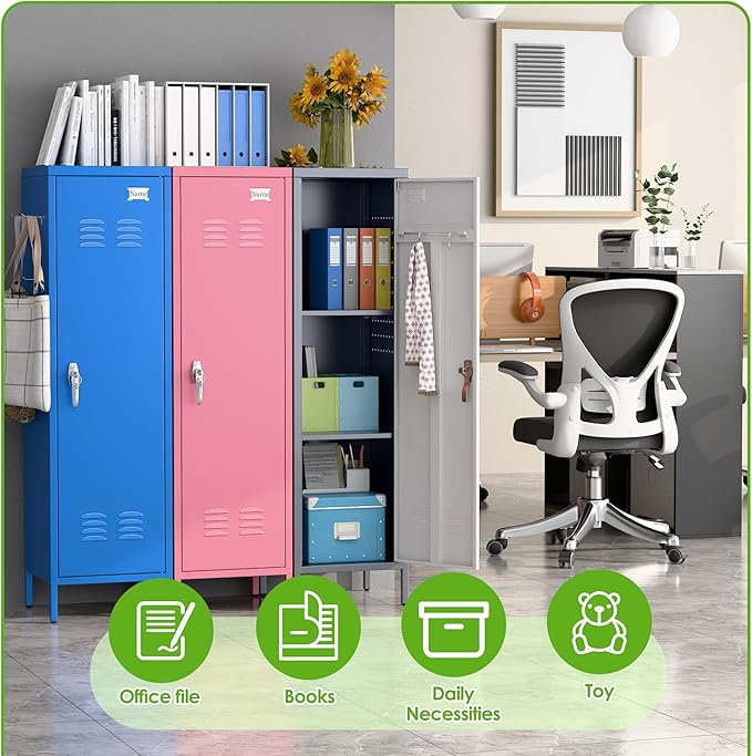 Aobabo Metal 54" H Metal Storage Locker for Employees, Lockable 1 Door with Towel Rack and 2 Side Pegboards with Hooks for School Office Gym Home, Assembly Required (Pink)-DeskLoop Office