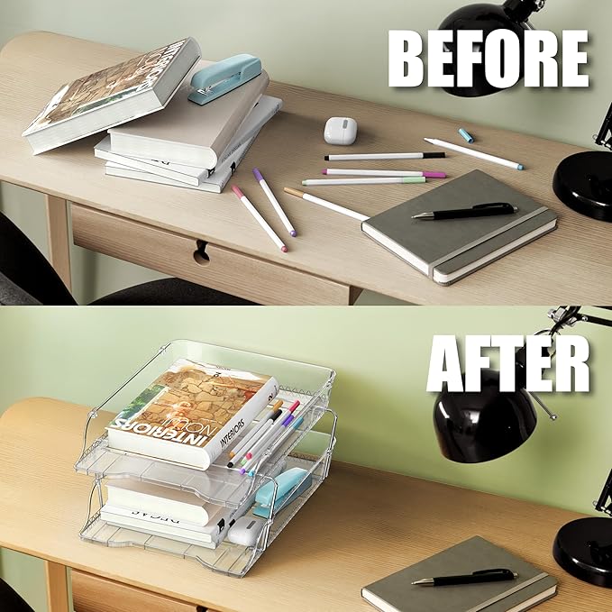 Simple Houseware 2-Tier Clear Stackable Letter Tray Organizer – Desktop File Holder for A4/Letter Size Paper, Document Sorter, Office Desk Paper Organizer, Transparent File Storage-DeskLoop Office